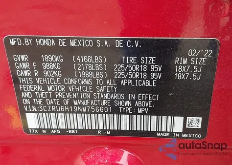 2022 Honda Hr-V Awd Sport z USA, uszkodzony, nr VIN 3CZRU6H19NM756601